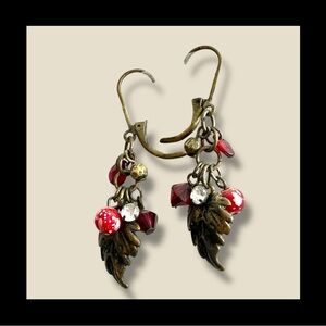 Antique Brass Leaf Drop Earrings with Red Beads